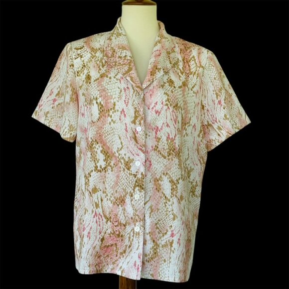 Alfred Dunner Snakeskin Pattern Button Up Top Sz 12 Rose Beige Office Mature - Picture 2 of 6